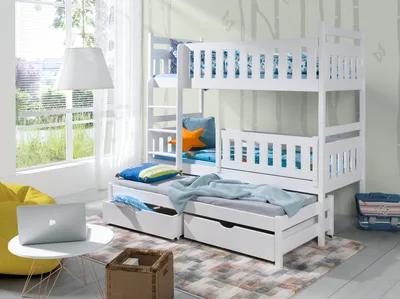 Produktbild von KEF ANIA Etagenbett Kinder 3 Personen Holz Kinderbett Ausziehbar Bett mit Schubladen Leiter Rechts Weiß 190x90cm