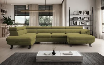 Zdjęcie produktu dla DomoHome ECKSOFA RAVEN XL - Narożnik z funkcją spania z wysuwanym łóżkiem, regulowane zagłówki, pojemnik na pościel, duża sofa 334x198x162 cm lewa strona Mostaza