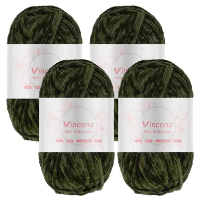 Obrázok produktu pre Chenilleová priadza na háčkovanie a pletenie, 4 x 100 g, olivovo zelená, 100% polyester, hrúbka ihly 5-6