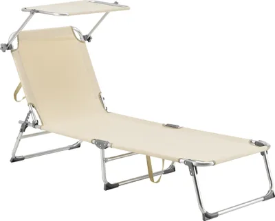 A beige sun lounger with a canopy, shown from a side angle against a white background.