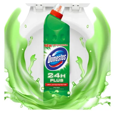 Produktbild von Domestos Toilettenreiniger 750 ml mit Frischem Duft, haftet für wirksame Desinfektion