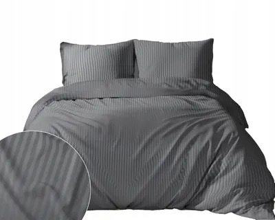 A dark gray satin bedding set with vertical stripes, including a duvet cover and two pillowcases, displayed on a white background.
