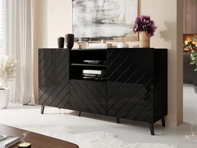 Produktbild von MIRJAN24 Kommode Abeto, Stilvoll Highboard mit 2 Türen und Schublade, Modern Wohnzimmer Sideboard (Farbe: Schwarz / Schwarz Hochglanz)