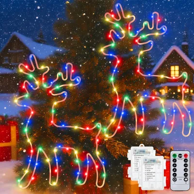 2er Set Rentier-Fensterleuchten, 120 LED, Timer, 8 Modi, batteriebetrieben