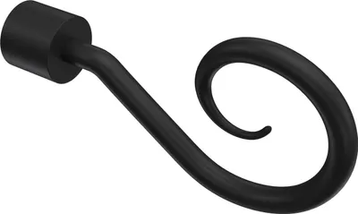 A black decorative end piece for a curtain rod, shaped like a spiral or helix.
