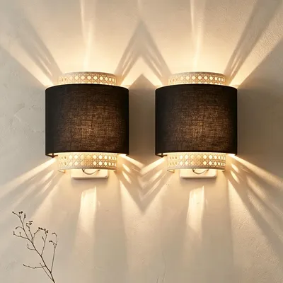 Produktbild von MinteVolt Wandleuchte Innen Boho Stoff Rattan-Optik Schwarz 2er Set 23x20cm