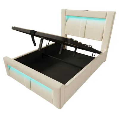 Produktbild von Flieks Hydraulisches Polsterbett 90x200cm mit USB- & Type-C-Ladeanschlüsse, Jugendbett Einzelbett mit Led, Stauraumbett Samt, Beige