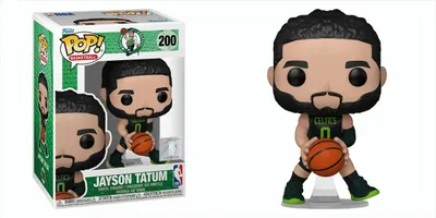 A Funko Pop! figure of Jayson Tatum in his Boston Celtics uniform, holding a basketball. The figure is shown both in its packaging and displayed separately.