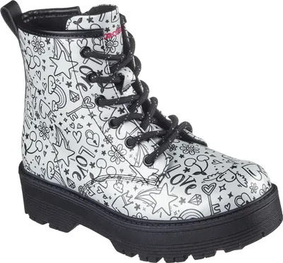 A single white boot with a black sole and black laces, covered in a black line drawing pattern of various icons like stars, hearts, flowers, and the word 'love'.