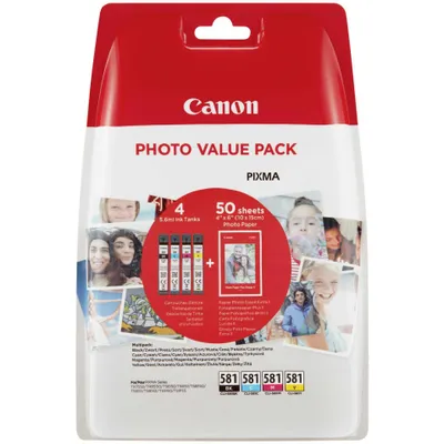 Produktbild von Canon CLI-581 BK/C/M/Y  schwarz, cyan, magenta, gelb Druckerpatronen + Fotopapier, 4er-Set