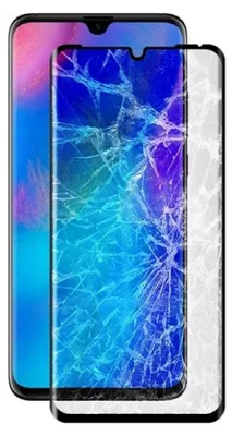 A cracked screen protector is shown in front of a smartphone.