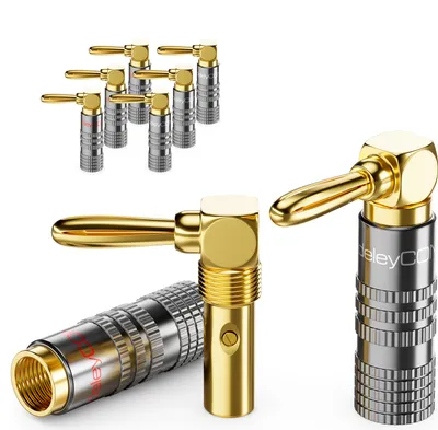 Produktbild von deleyCON 8 Stück Bananenstecker Set 90° Gewinkelt - Vergoldet Schraubbar für Lautsprecherkabel Boxenkabel 0,75 mm - 4,5 mm & z. B. HiFi Heimkino Receiver