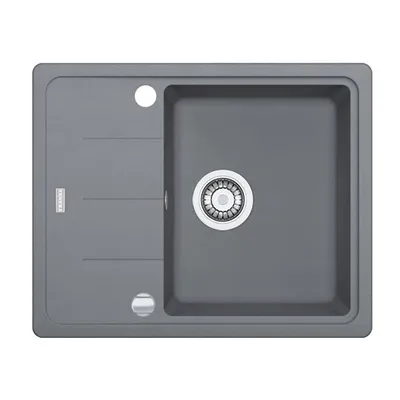 A top-down view of a gray kitchen sink.