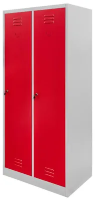 Zdjęcie produktu dla Szafa szafka ubraniowa BHP socjalna metalowa Mega-M J-80 dwudrzwiowa z przegrodami szara/czerwony front 80x50x180 cm skręcana