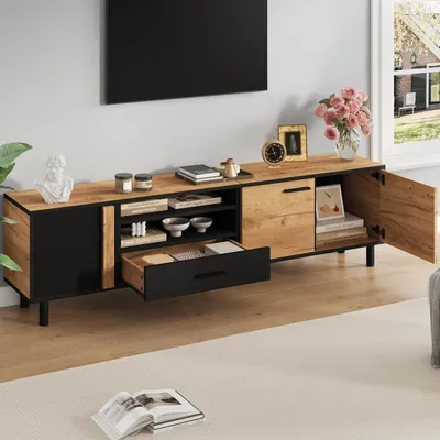 Image de OKWISH Meuble TV avec 3 Portes et 1 Tiroir, Design Minimaliste, en Panneau de Particules, 180 cm, Noir et Aspect Bois
