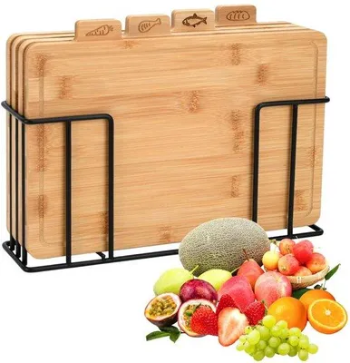 Productafbeelding van 4-Delige Houten Snijplank Set met Stalen Houder