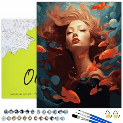 Immagine prodotto di Oh Art! Pittura con i numeri Donna - Ragazza con pesce 50x40 cm con cornice, 31 colori inclusi pennelli e colori acrilici, set per adulti e bambini