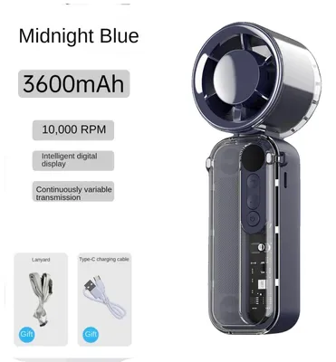 Image de Ventilateur de poche, 3 fonctions en 1, 5 vitesses, couleur noire, batterie 3600 mA