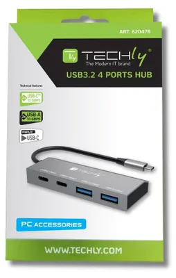 Produktbild von Techly IUSB32C-HUB4AC2, Kabelgebunden, USB 3.2 Gen 1 (3.1 Gen 1) Type-C, Silber, 10 Gbit/s, Metall, USB
