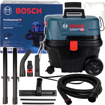 A Bosch Professional Wet/Dry vacuum cleaner and its accessories are displayed against a white background, along with its packaging.