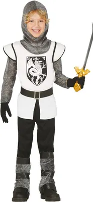 A child wearing a knight costume, holding a toy sword.
