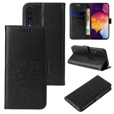 Produktbild von Handyhülle für Samsung Galaxy A50 Floral Blumen Schmetterling Flip Cover Hülle Case Klapphülle Handytasche Farbe: Schwarz