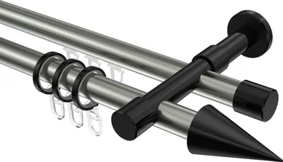 Produktbild von Interdeco Rundrohr-Innenlaufstange / Gardinenstange (Kombination) Edelstahl-Optik / Schwarz, Typ Prestige Savio (Kegel), 20 mm Ø 2-läufig, 480 cm