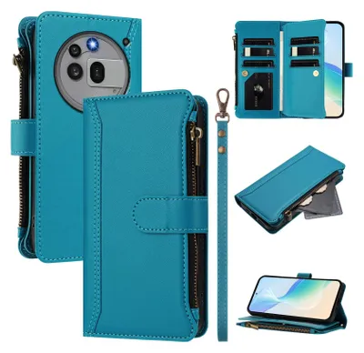 Image de Etui pour Nothing Phone 3A Pro, fermeture éclair, étui portefeuille en cuirPolyuréthaneavec pochettes pour cartes, support et dragonne Lake blue