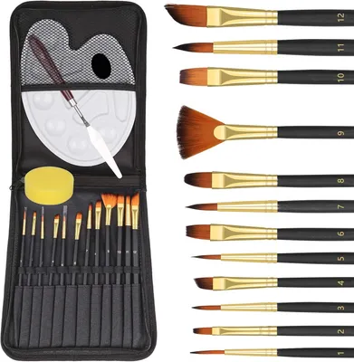Produktbild von Acrylpinselset, 15-teiliges Malpinselset, Acrylpinselset für Kinder, Acrylpinselset für Aquarell- und Ölfarben mit Mischpalette, Schwamm, Spachtel und Tragetasche