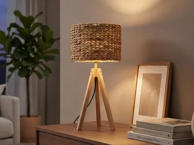 Produktbild von Große Boho Tischlampe mit Holz Dreibein & E27 Schirm Wasserhyazinthe, Höhe 57cm