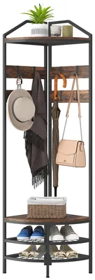 Produktbild von Eckgarderobe fš¹r den Eingangsbereich, 4-stufige Garderobe, Schuhablage, 8 verstellbare Haken, 2 Ablagen, rustikales Braun