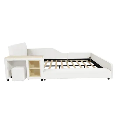 Produktbild von Flieks Polsterbett Kinderbett 140x200cm mit Schreibtisch und Hocker, Bodenbett Doppelbett mit Rausfallschutz, Holzbett mit Lattenrost, Samt, Weiß