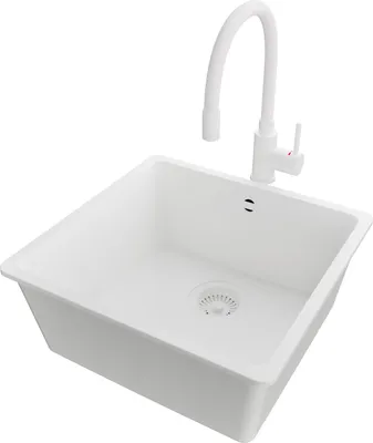 Produktbild von PRIMAGRAN Unterbauspüle Granit Alles Weiß 46x44cm, Spülbecken 1 Becken + Küchenarmatur 38x14cm + Ablauf-Set, Granitspüle ab 50er Unterschrank - Venedig Easy