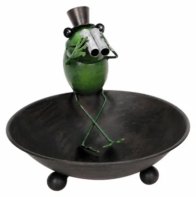Produktbild von Metallenes Vogelbad mit dekorativer Froschfigur – Wetterfestes Gartenzubehör