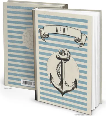 Produktbild von Notizbuch Blankobuch DIN A4 AHOI mit Anker-Motiv beige blau Hardcover Tagebuch Reisebuch