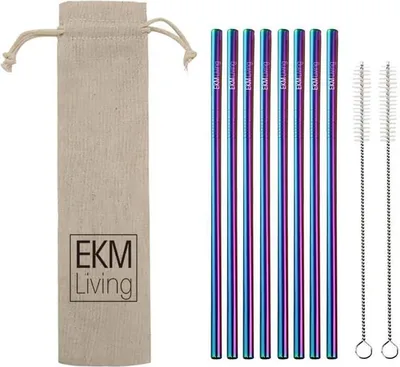 Image de EKM Living Edelstahl Strohhalme 8er Set Rainbow gerade GmbH, Trinkhalme, bruchfest, wiederverwendbar, spülmaschinengeeignet, plastikfrei (Rainbow gerade, 8)