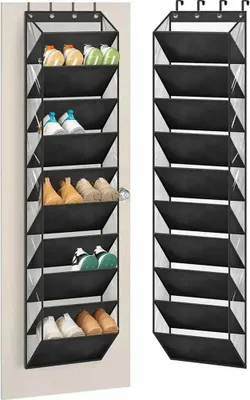 Image de Rangement à chaussures à suspendre au-dessus d'une porte - Étagère suspendue à 10 niveaux - Pour 20 paires - 4 crochets métalliques - Tissu - Noir