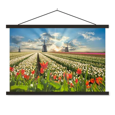 Produktbild von MuchoWow® Textilposter Windmühle - Tulpen - Himmel - Natur 60x40 cm mit schwarzem Rahmen - Hölzernes