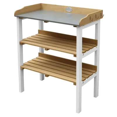Immagine prodotto di AXI Tavolo da vaso in legno con ripiani in marrone e bianco | Tavolo per piante con piano di lavoro in zinco per esterno / giardino / balcone / terrazza / serra con spazio di stoccaggio