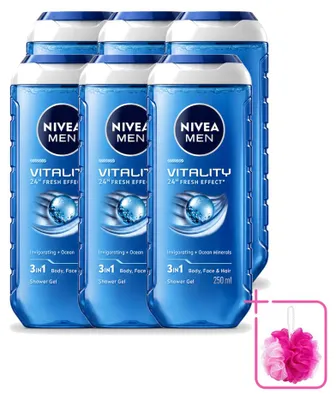 Imagen del producto de 6 unidades de gel de ducha Nivea Men Vitality 3 en 1 - 250 ml - Paquete ahorro - 6 piezas