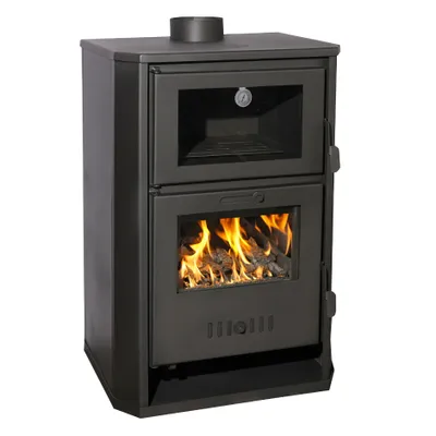 A black freestanding wood-burning stove with a glass door for the firebox and a glass window above that likely serves as an oven or viewing area.