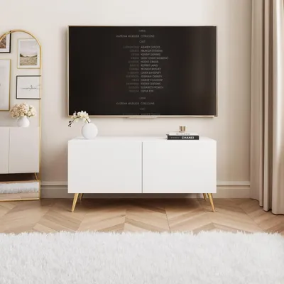 Produktbild von Idohome TV Lowboard Angel 100 cm Weiß Matt – Schrank mit LED-Beleuchtung, Fernsehschrank auf goldfarbenen Metallbeinen, Medienmöbel, Push to Open