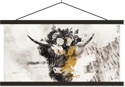 Produktbild von MuchoWow® Textilposter Schottisches Hochlandrind - Blumen - Gold 120x60 cm mit schwarzem Rahmen - Dekoration Schlafzimmer