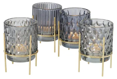 Produktbild von 4tlg Set Windlicht Noria mit Ständer grau gold Weihnachts-Kerzen Teelicht-Halter