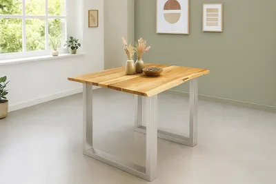 Produktbild von Esstisch Baumkante 80 x 80 cm massiv Akazie natur U-Gestell silber QUINTUS
