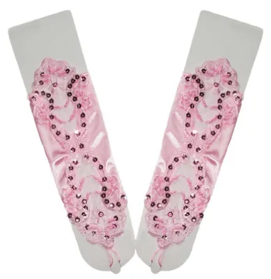 Zdjęcie produktu dla Rękawiczki damskie bez palców, satyna, koronka, cekiny, różowe, 30 cm