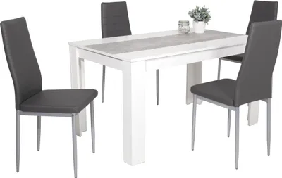 Produktbild von 5tlg. Essgruppe Lilo - Tisch Nachbildung weiß Einlage betonoptik - Maße: 140 x 80 cm - Vierfußstuhl Kunstleder Grau - 100kg belastbar