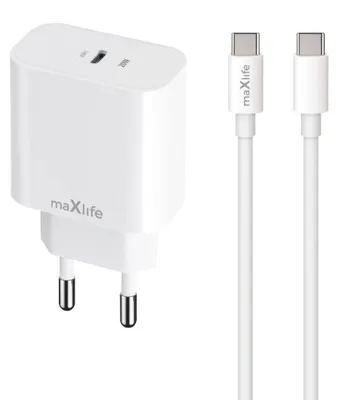 Immagine prodotto di Caricatore da muro Maxlife PD QC MXTC-06 1x USB-C 20W bianco + cavo USB-C - USB-C 20W