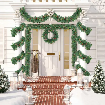 Produktbild von FIVMEN 800cm Weihnachtsgirlande mit 125 Warmweiß LEDs Beleuchtung PVC Künstliche Weihnachten Tannengirlande mit Kiefernzapfen & Rot Beeren Girlanden