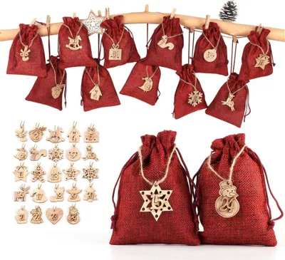 Produktbild von 24 Adventskalender zum Befüllen, Adventskalender Stoffbeutel Säckchen mit 1-24 Sackleinen Taschen Jutesäckchen Rot